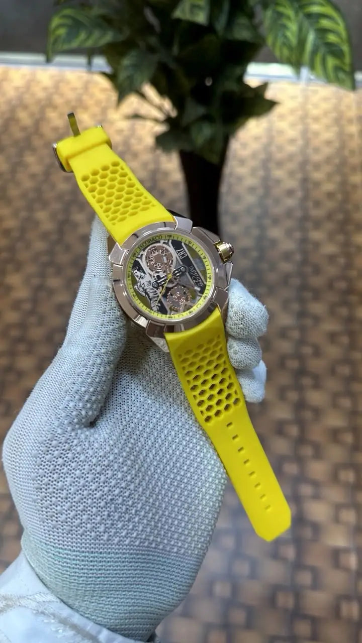Jacob Co CR7 Limited Edition timepiece featuring skeletonized dial with a yellow rubber