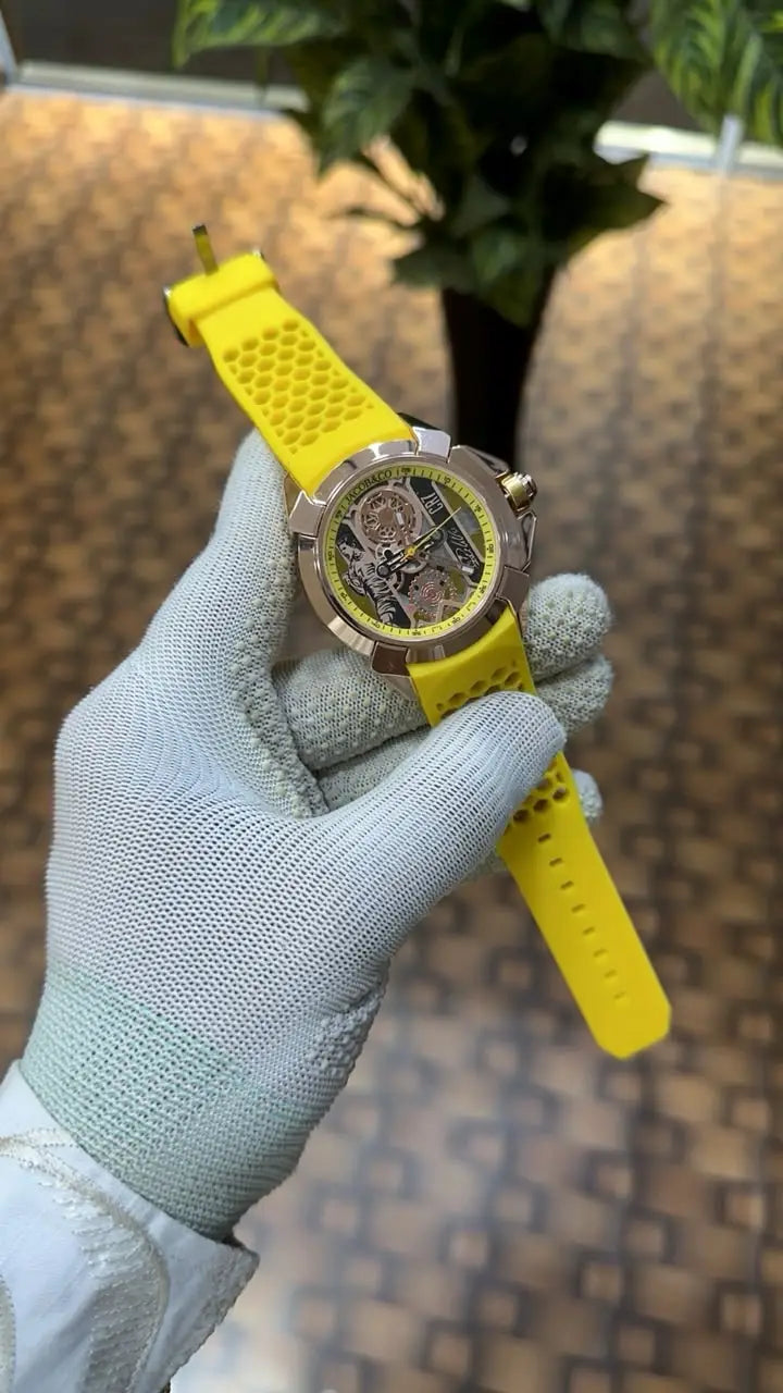 Jacob Co CR7 Limited Edition timepiece featuring skeletonized dial with a yellow rubber
