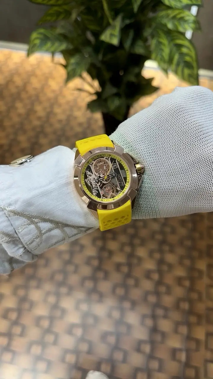 Jacob Co CR7 Limited Edition timepiece featuring skeletonized dial with a yellow rubber