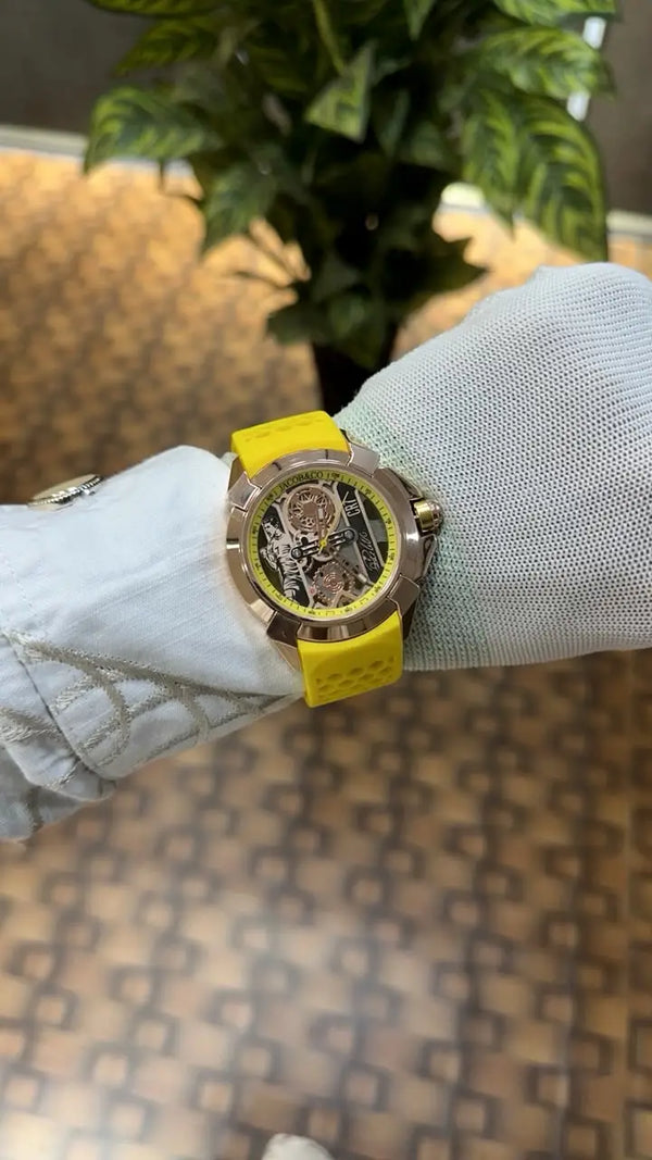 Jacob Co CR7 Limited Edition timepiece featuring skeletonized dial with a yellow rubber