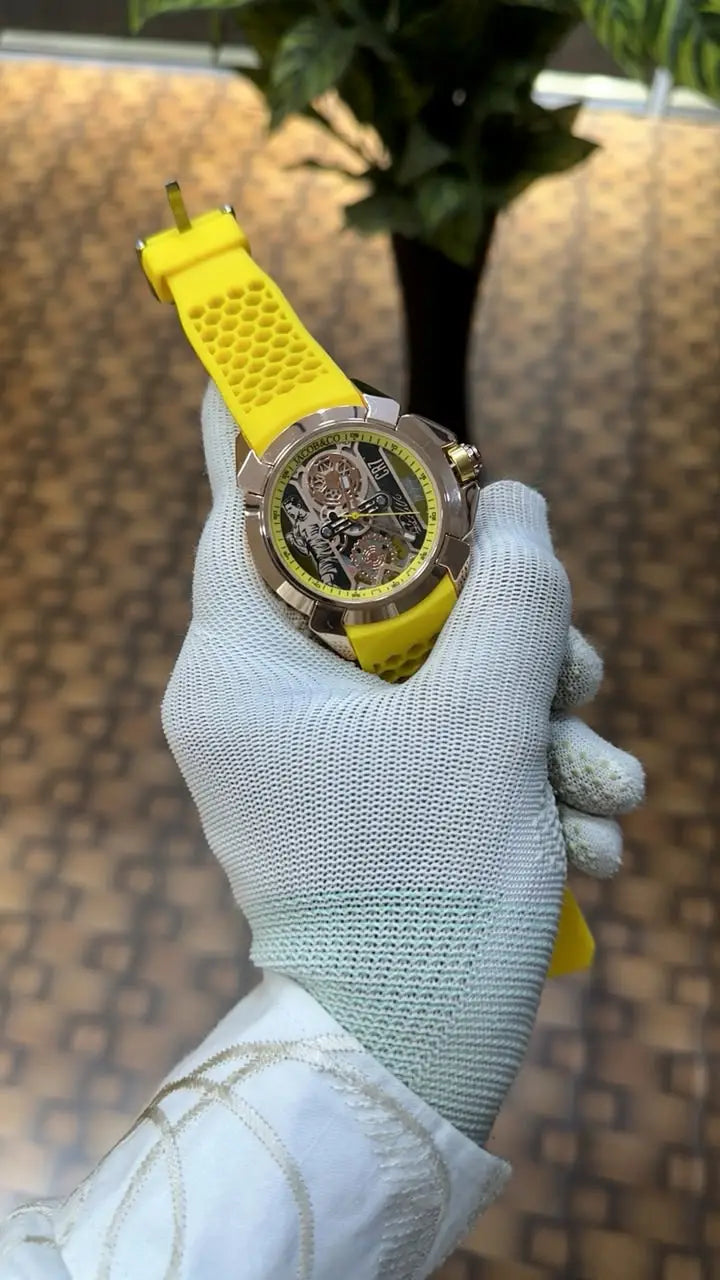 Jacob Co CR7 Limited Edition timepiece featuring skeletonized dial with a yellow rubber