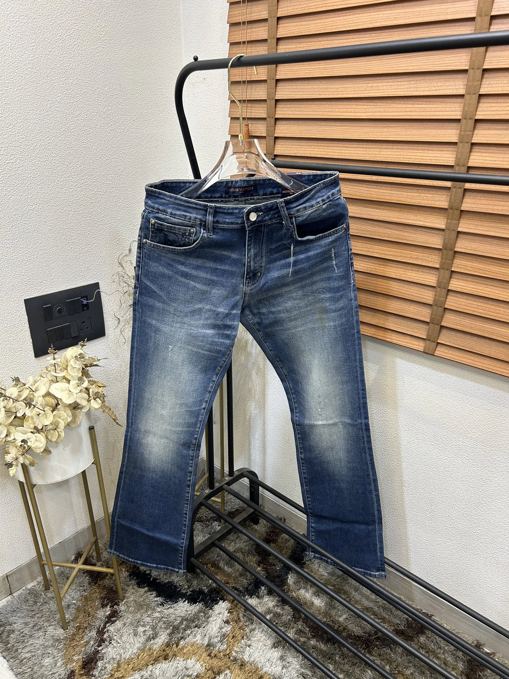 Louis Vuitto_n Back Side Pocket Monogram Embossed Imported Boot Cut Denim Dark Blue (DN 643)