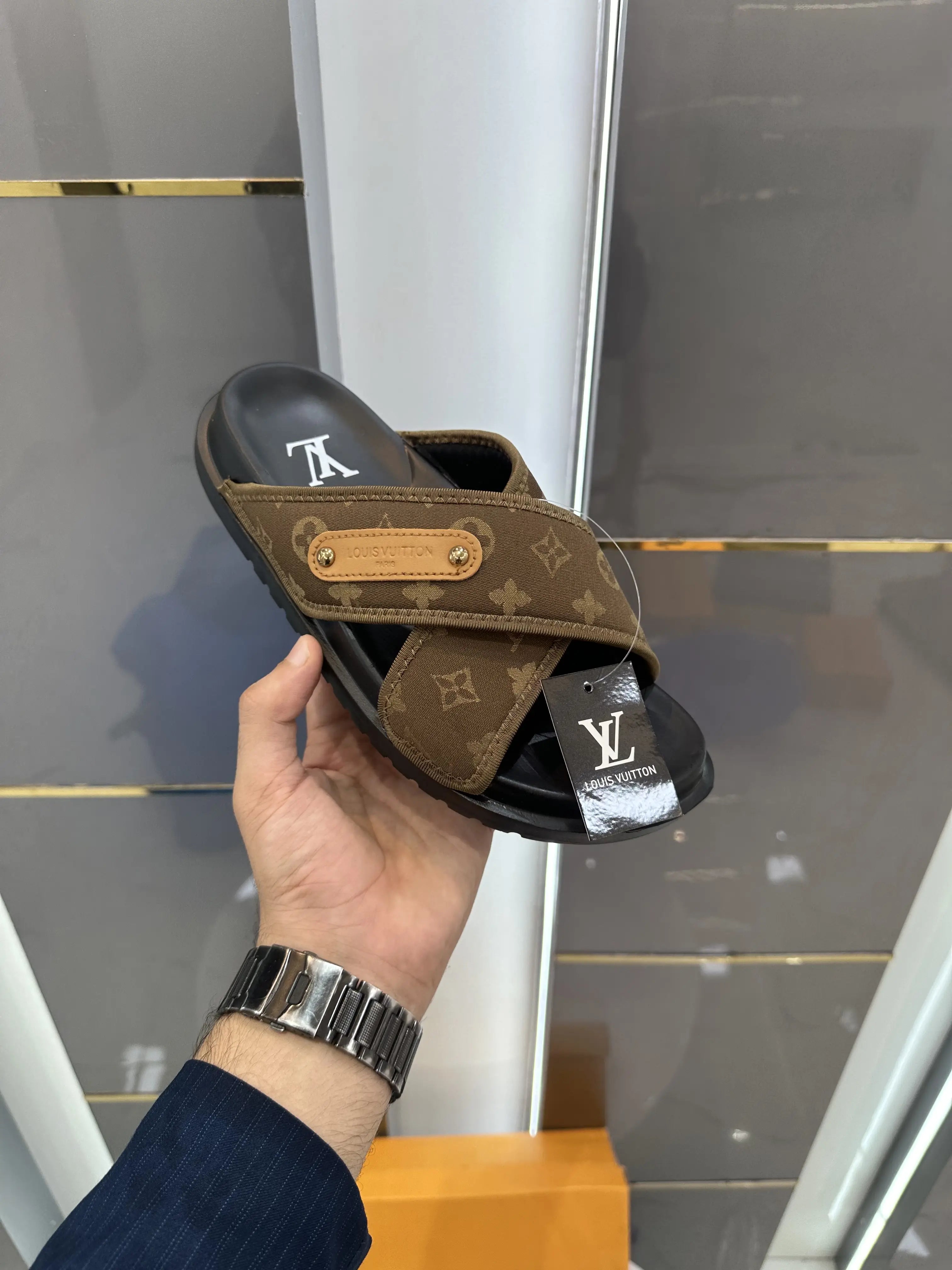 Louis_Vuitoon Cross Denim Brown Slide