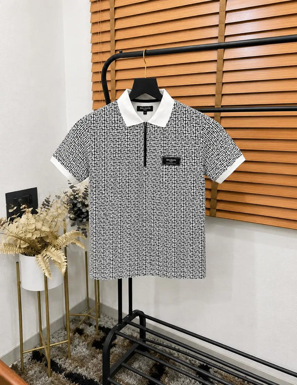 Balmai_n All Over Monogr-aM Printed White Premium Zipper Polo T-shirt