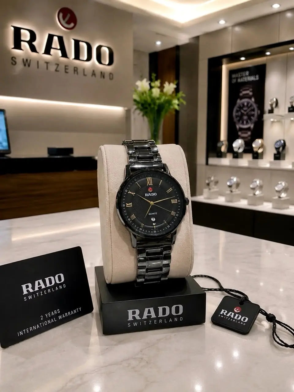 Rado,centrix style black dial roman index quartz watch