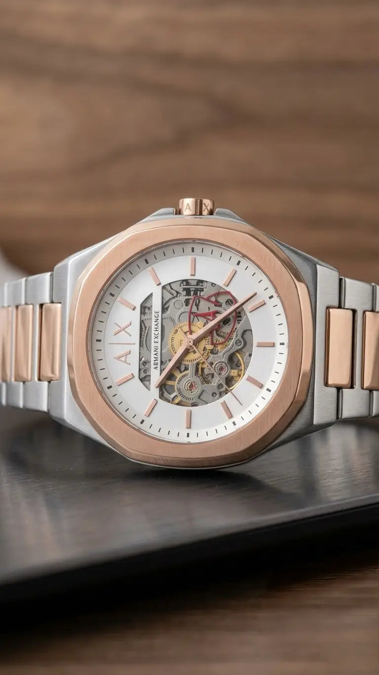 Arman i Exchange Skeleton Square Open Machine Rose Two Tone White Dial