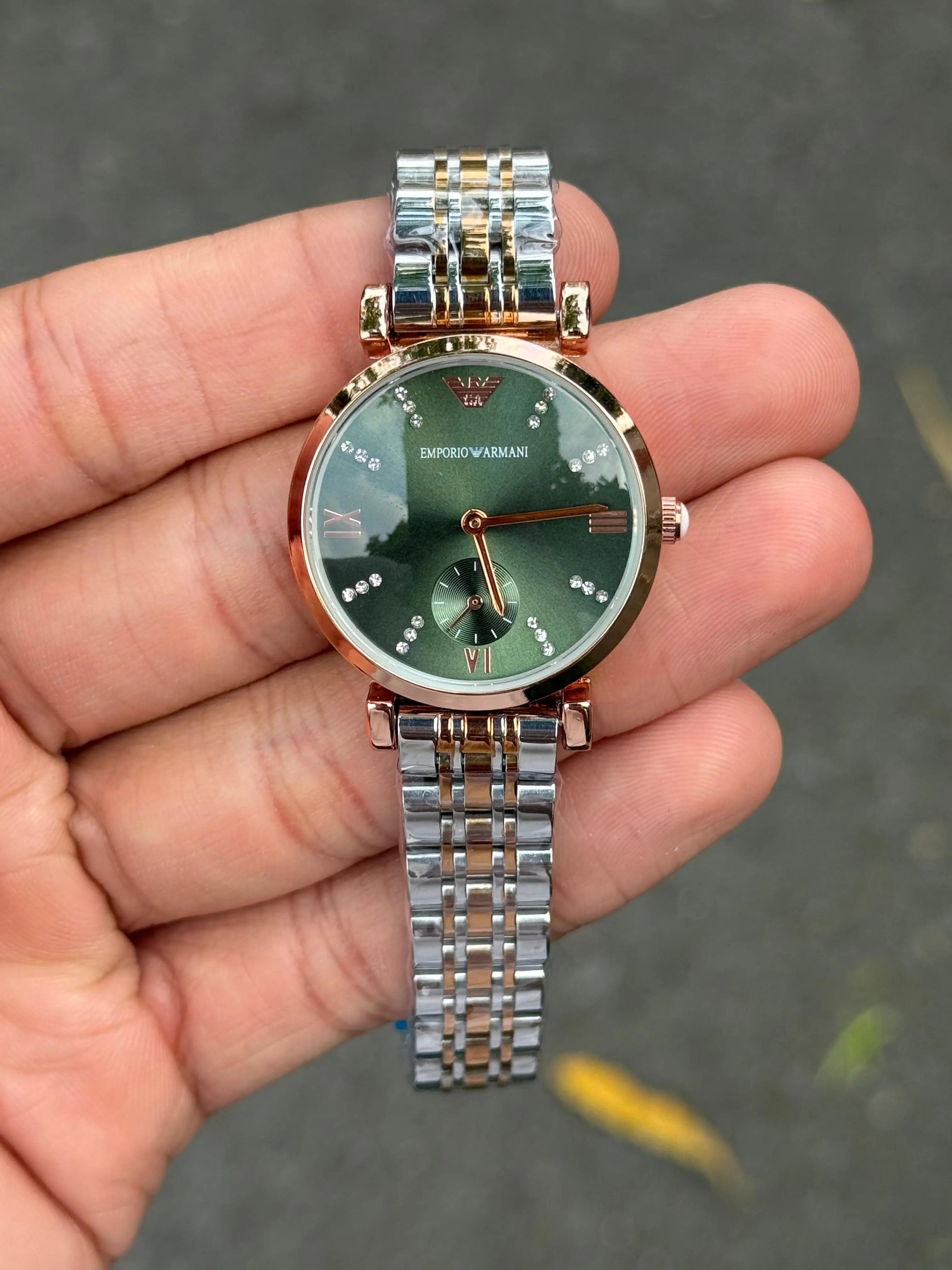Emporio Arman i Women Two Tone Green Dial Diamond