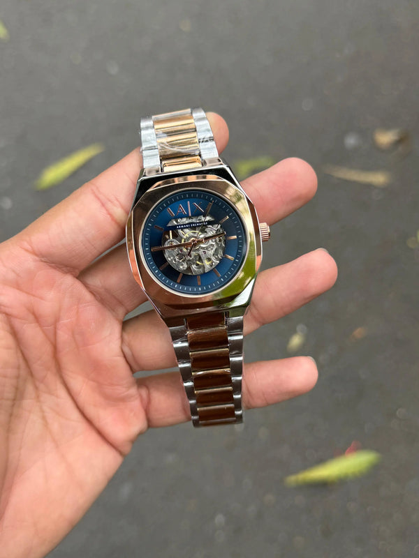 Arman i Exchange Skeleton Square Open Machine Rose Two Tone Blue Dial 